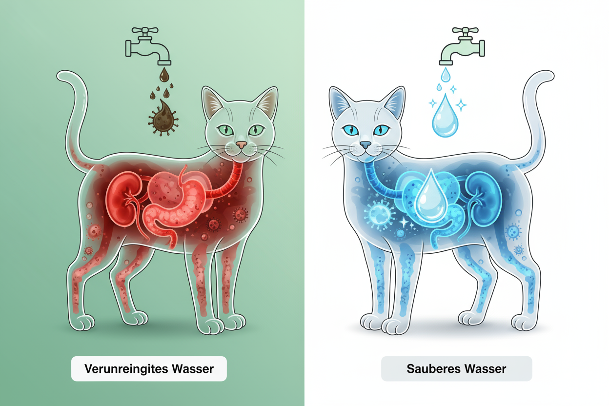 Wasserqualität & Organgesundheit bei Katze
1:1 wissenschaftlich-ästhetische Illustration: zwei Katzen nebeneinander, durchsichtiger Körper zeigt innere Organe. Links: rote Nieren und Magen (durch Keime und schlechtes Wasser geschädigt). Rechts: blaue, vitale Organe mit glasklarem Wassersymbol. Moderner, heller Hintergrund (Mint und Weiß) mit Beschriftung: „Verunreinigtes Wasser“ / „Sauberes Wasser“.