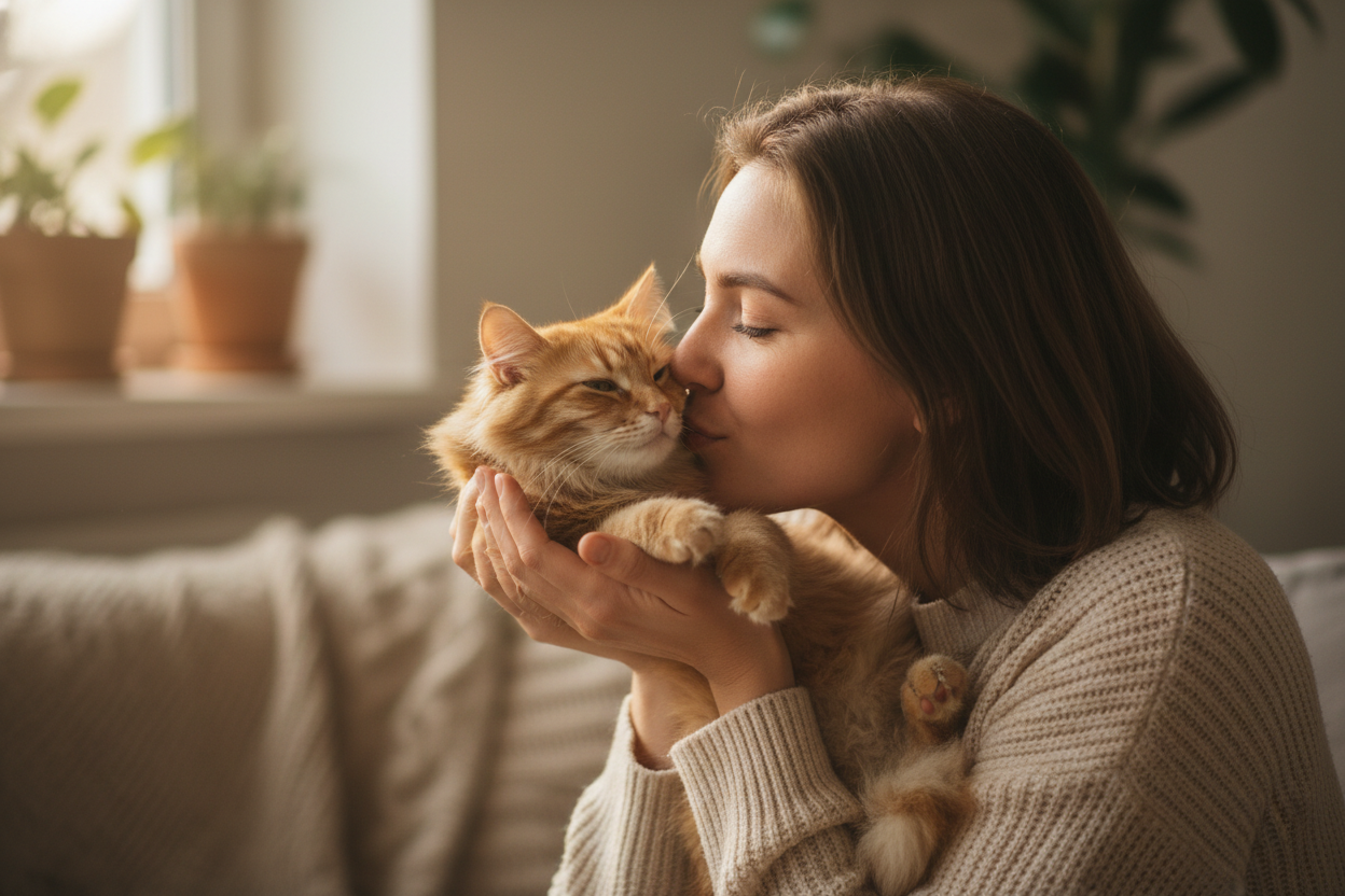Eine Frau die ihre Katze in der hand hat und einfach Katze in Mund küsst weil sie einfach sie liebt