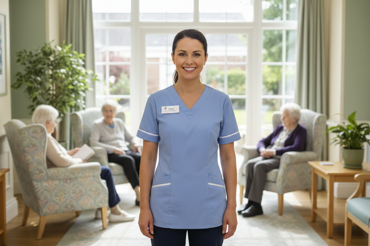 Frau die als Betreuerin arbeitet in Heim und ins Gesicht lächelt