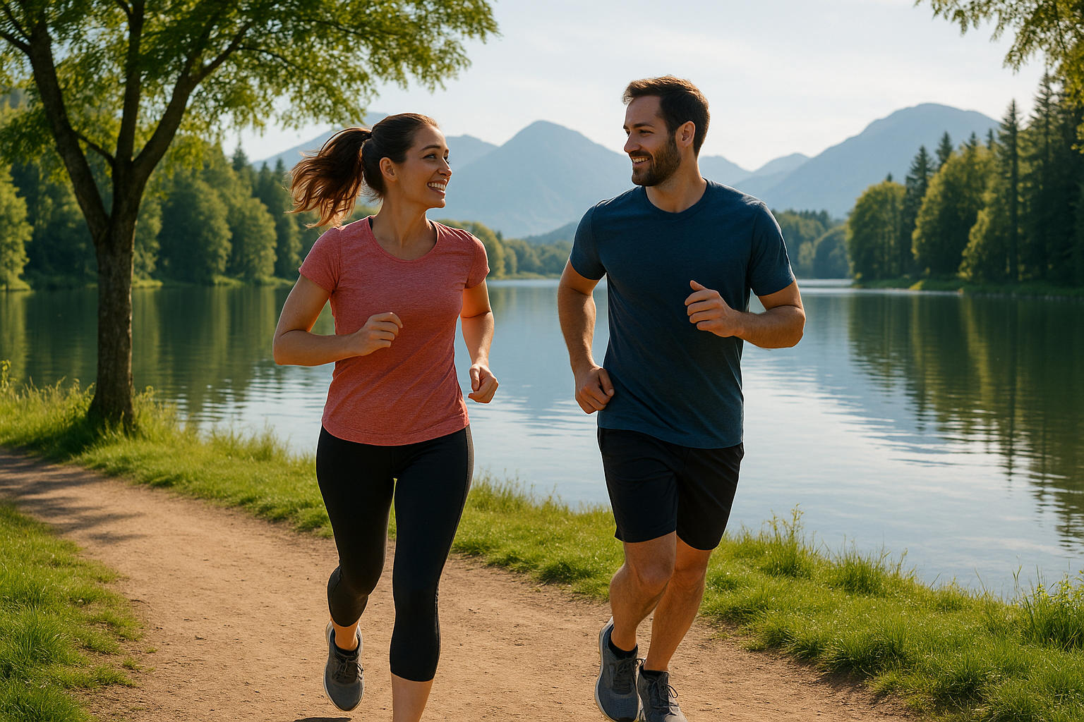 Frau neben See im laufen mit ihren Mann