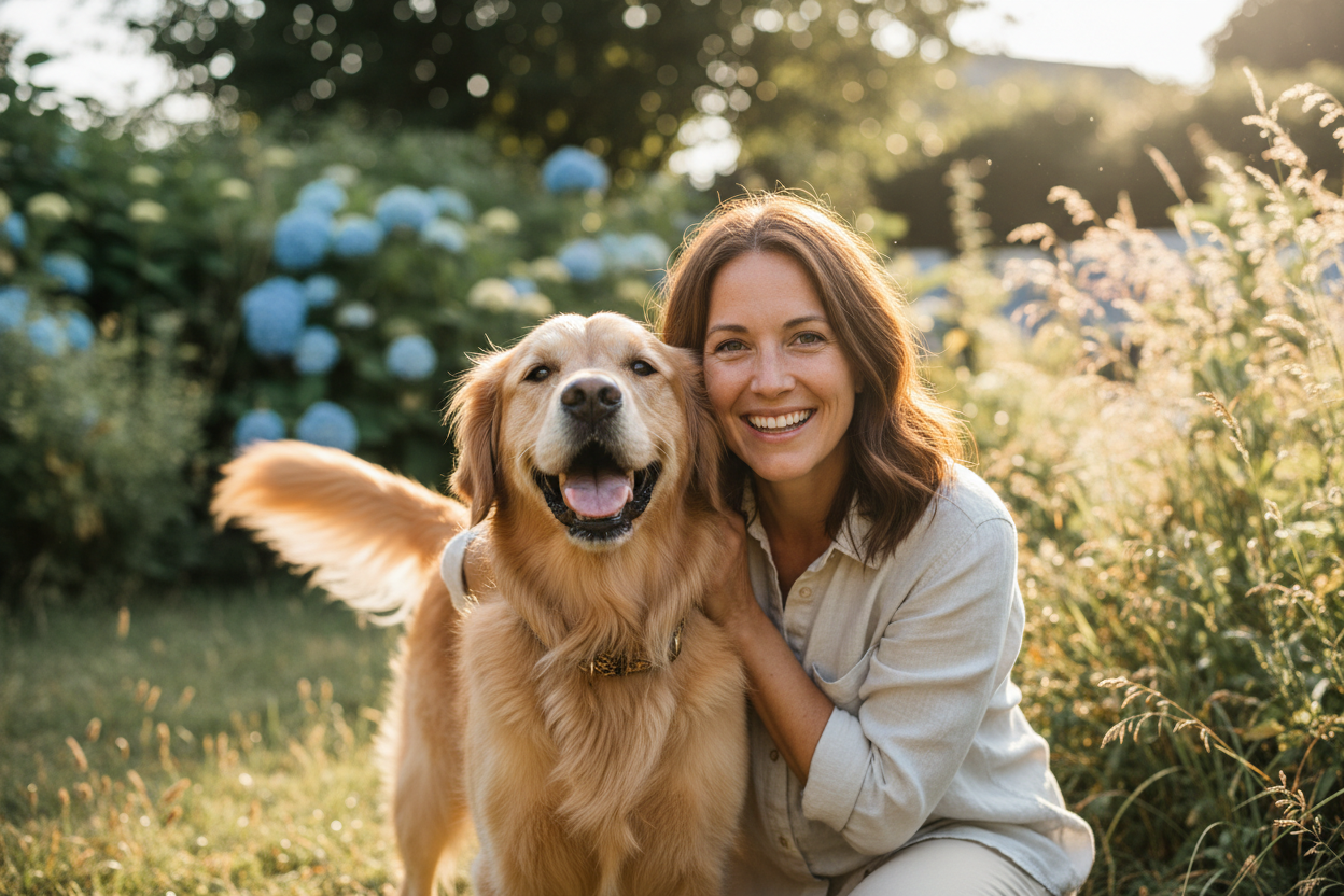 Hund mit Besizer lächeln