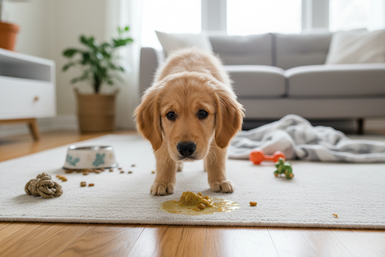 kleine Puppi Hund beim Kotzen