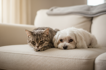 Realistische Szene: kranke Katze & kleiner Hund nebeneinander

Erstelle ein realistisches 1:1 Foto einer müden, leicht kranken Katze und eines kleinen Hundes (z. B. Chihuahua oder Malteser), die nebeneinander auf einem Sofa liegen. Beide wirken schwach und traurig, mit gesenkten Köpfen und mattem Fell. Weiches, gedämpftes Licht, heller Hintergrund – Stimmung ruhig und mitfühlend.