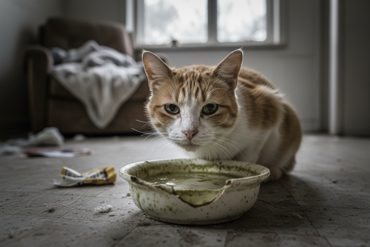 Realistische Szene: müde Katze durch schlechtes Wasser

Erstelle ein realistisches 1:1 Foto einer erschöpften, trübsinnig blickenden Hauskatze, die aus einem alten, verschmutzten Wassernapf trinkt. Umgebung leicht unsauber, graues Licht, Gefühl von Krankheit oder Schwäche. Fokus auf stumpfem Fell und traurigen Augen.