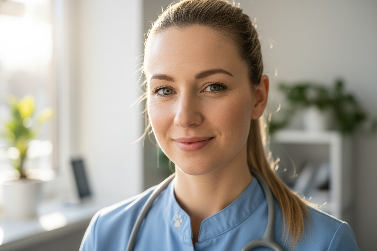 Tier arzt der nur sein gesichtzu sehen ist und bisschen läschelt